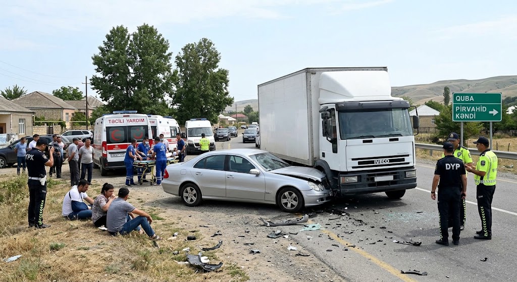 Qubada “Mercedes”lə yük avtomobili toqquşdu – 5 nəfər xəsarət aldı-FOTO
